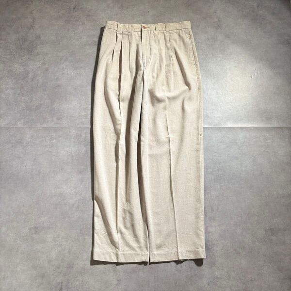 古着 90s 00s リネン パンツ 3タック ワイド スラックス 極太 ベージュ 薄手 ルーズ ボトムス ズボン