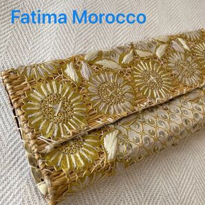 Fatima Morocco リゾート クラッチバッグ 金色クラッチ モロッコウール刺繍 天然素材 スエードインナー ナチュラル