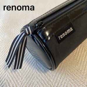 renoma 黒エナメル 革製 化粧ポーチ レノマ 円型 筒型 バニティ ペンケース ペンポーチ 黒レザー