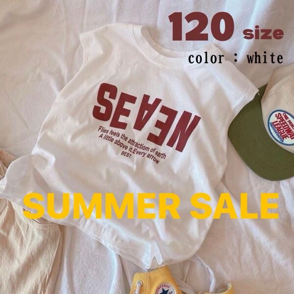ホワイト 120 ロゴTシャツ カジュアル キッズ シンプル 子供 カットソー トップス 夏 ノースリーブ お揃い