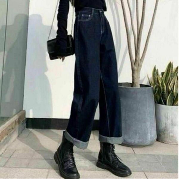 デニム ズボン ハイウエストデニムパンツ インディゴ ブルー パンツ カジュアル 新品 ラフ カーゴパンツ ワイドパンツ 春