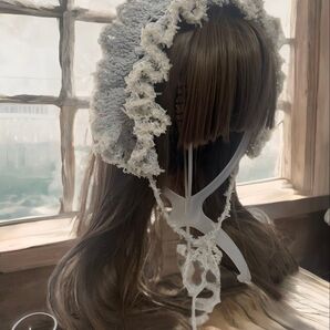 フリルヘッドドレス ハンドメイド バンダナ バブーシュカ コットン糸 編み物 かぎ針編み 森ガール オールシーズン レース