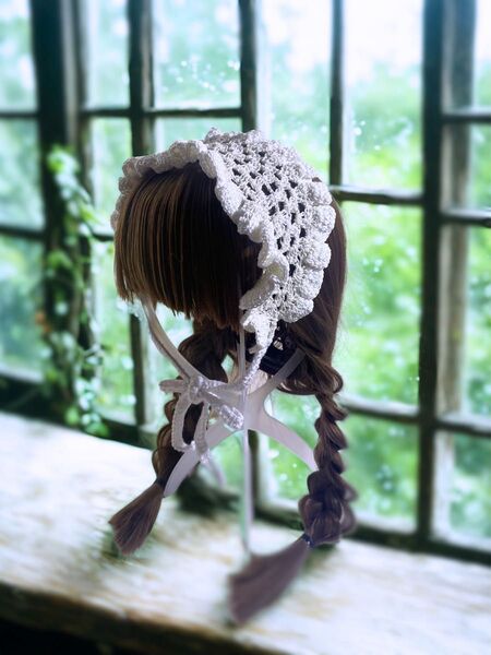 「再販」レース編み ヘッドドレス フリル ハンドメイド バンダナ ベージュ ホワイト 森ガール ヘアアクセサリー