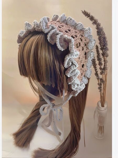 ハンドメイド レース編み ヘッドドレス フリル ヘアアクセサリー バンダナ 編み物 ロリータ ピンク グレー リボン