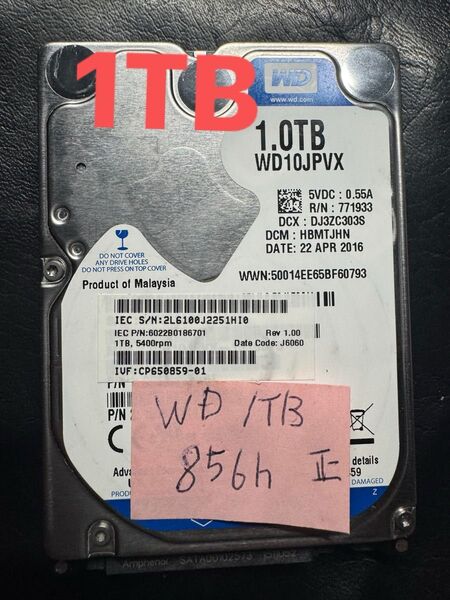 使用時間少ないWD 1TB WD10JPVX 内蔵型ハードディスクドライブ