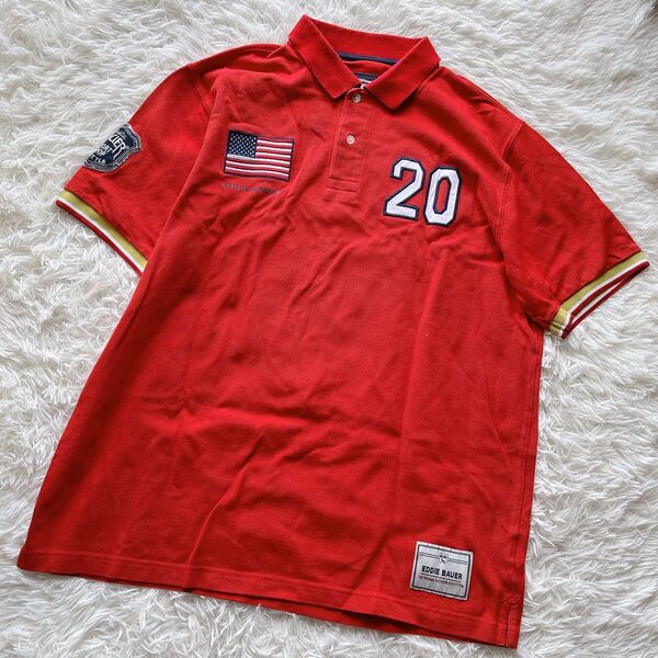 美品 星条旗 Eddie Bauer エディーバウアー 半袖ポロシャツ PIQUE レッド メンズ Lサイズ コットン ワッペン