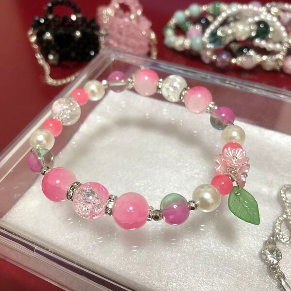 p1166 ビーズブレスレット ハンドメイド フラワーモチーフ ピンク系