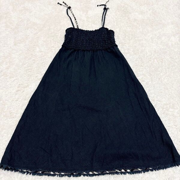 BURBERRY BULE LABEL バーバリーブルーレーベル ☆ 肩紐ワンピース チェック柄 リネン100% ネイビー