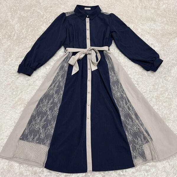 axes femme アクシーズファム☆ ロングワンピース レース ネイビー 可愛い お洒落 ボタンワンピース