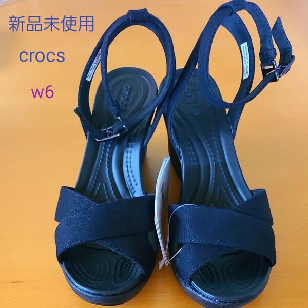 【新品未使用】crocs ウェッジサンダル レイクロスストラップ w6 黒