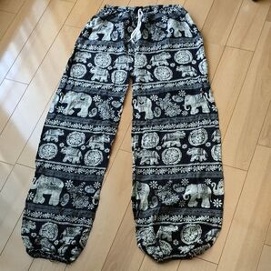 エスニック柄 サルエルパンツ ブラック系 ゆったり