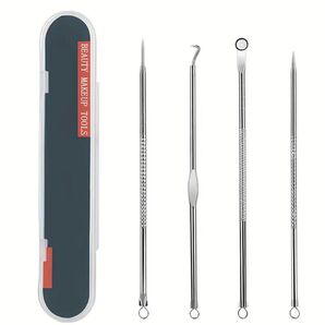 【4本セット】黒ずみ 毛穴 角栓取り ステンレス製 ニキビ除去ツール ケース付き 美容ケア用 肌の汚れをスッキリ除去!