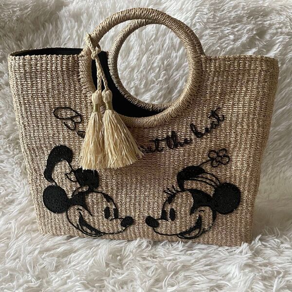 ディズニー ビーズ 刺繍 カゴ ミッキーマウス ミニーマウス トートバッグ