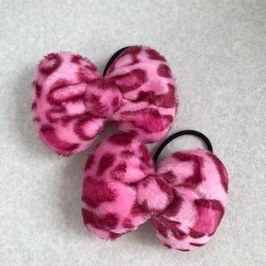 ふわふわ☆10cm ピンクヒョウ柄 リボン ヘアゴム 2個セット ハンドメイド