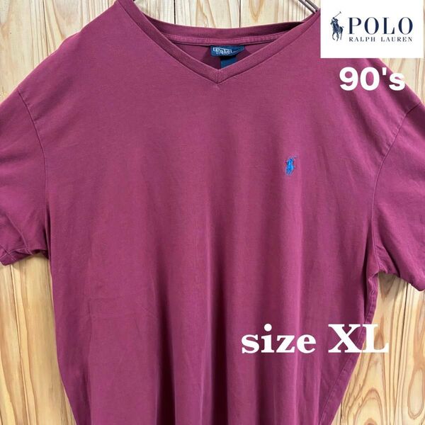 【古着】POLO Ralph Lauren(ポロラルフローレン)半袖Tシャツ XL ワイン 90s USA製 ビンテージ
