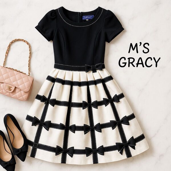 美品☆M'S GRACY エムズグレイシー 格子柄リボン切替ワンピース 36 Sブラック×ホワイト