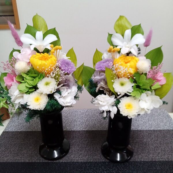 プリザーブドフラワー仏花 一対 お盆お供え花 お仏壇用 花器一体型