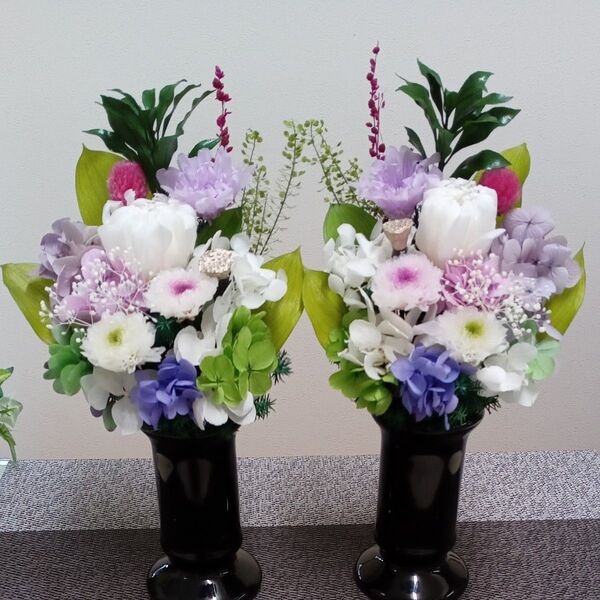 プリザーブドフラワー仏花 一対 お盆お供え花 お仏壇用 花器一体型