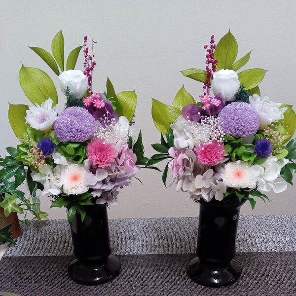 プリザーブドフラワー仏花 一対 お盆お供え花 お仏壇花 花器一体型