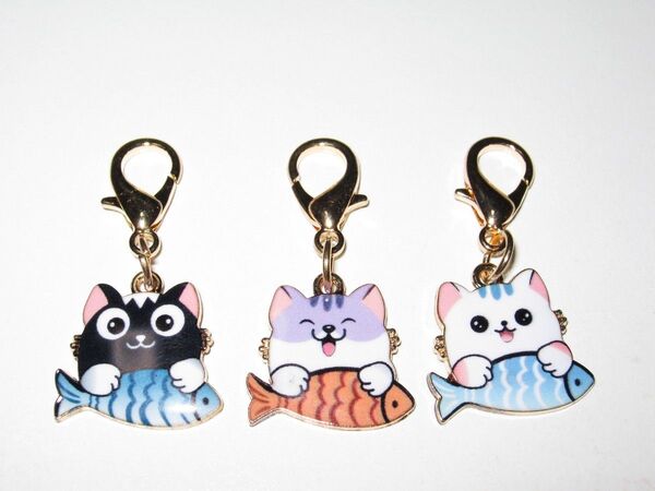 【お魚にゃんこ キーチャーム 3個】① 猫 ネコ キーホルダー バッグチャーム ストラップ おしゃれ レディース ガールズ メンズ