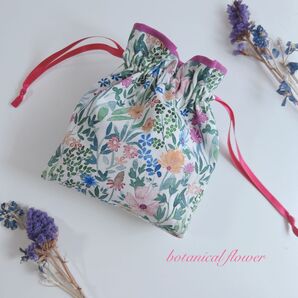 ハンドメイド【mini巾着ポーチ】botanical flower柄 15cm正方形ミニサイズ