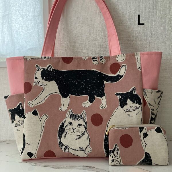 【そら様】大きな猫 ピンク サイドポケット付きトートバッグL&ミニポーチ ハンドメイド