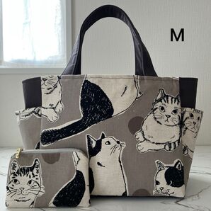 大きな猫 グレー サイドポケット付きトートバッグM&ミニポーチ ハンドメイド