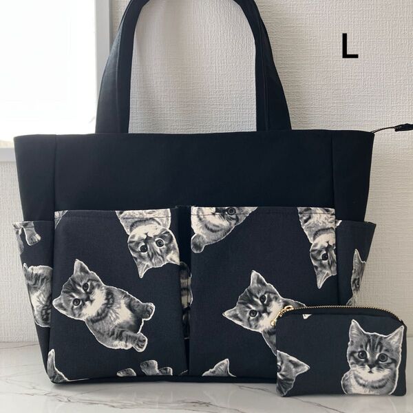 子猫 黒 ポケットいっぱいトートバッグL&ミニポーチ ハンドメイド