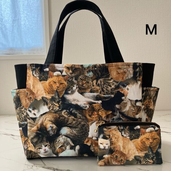猫まみれ サイドポケット付きトートバッグM&ミニポーチ ハンドメイド