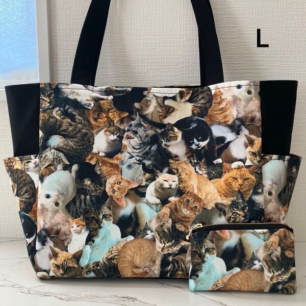 猫まみれ サイドポケット付きトートバッグL&ミニポーチ ハンドメイド