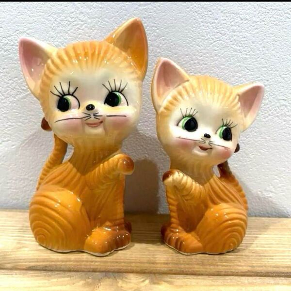【美品】1960年代 猫 ペア 置物 陶器製 昭和レトロ 当時物 昭和レトロ