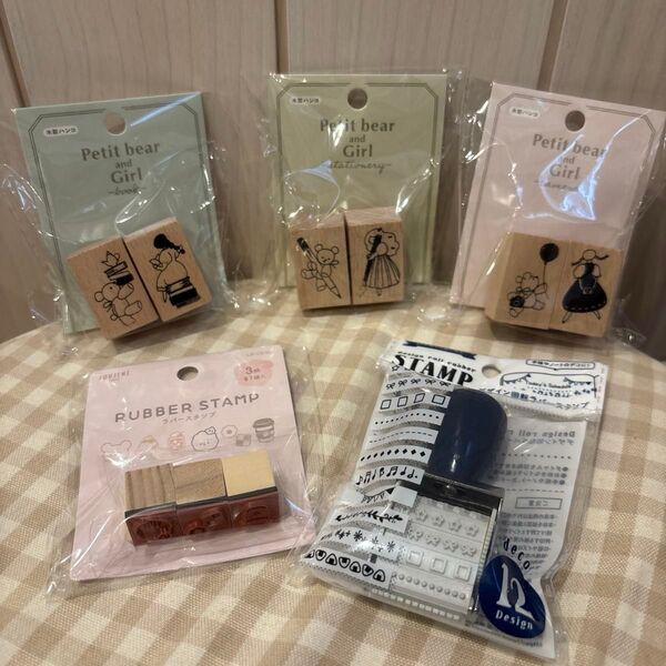 木製ハンコ くまと女の子 Petit bear and Girl スタンプラバースタンプ 回転ラバースタンプ 5点セット