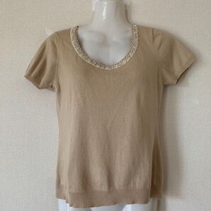 ビーズ付き半袖ニット ベージュ