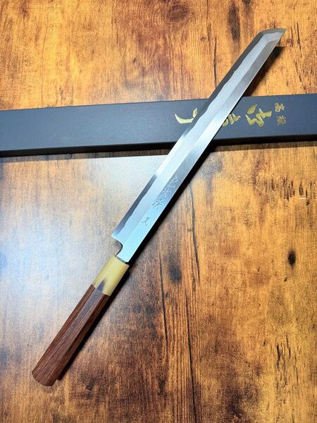 森本光一作 左用 蛸引 先丸 青鋼 紋鍛錬 尺 紫檀白水牛八角柄
