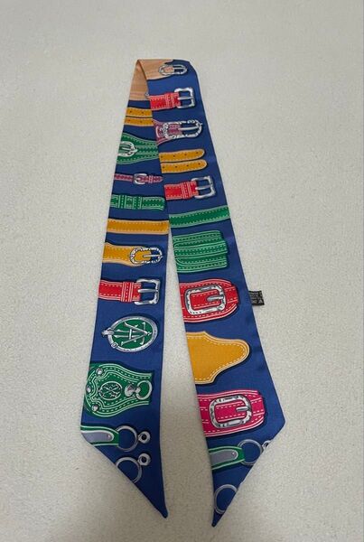 リボンスカーフ バッグスカーフ ブルー系 馬具 カラフル ベルト ツイリー シルク100