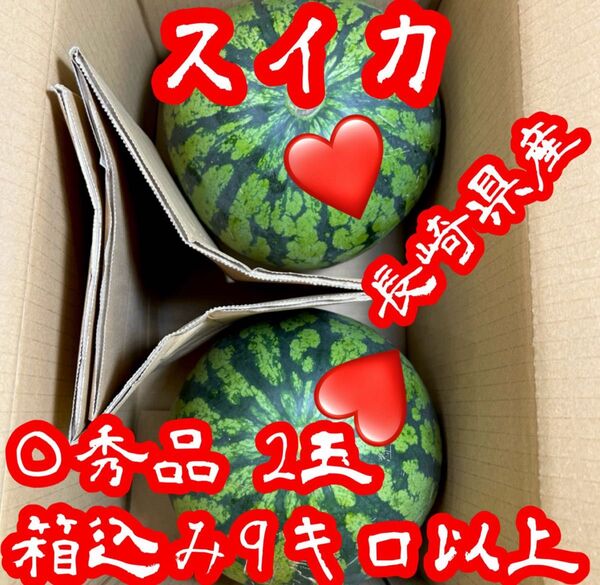 長崎県産 シャリッと!! 甘くて美味しい!! スイカ!! ○秀品 程度の良い2級品 2玉 箱込み9キロ以上!!