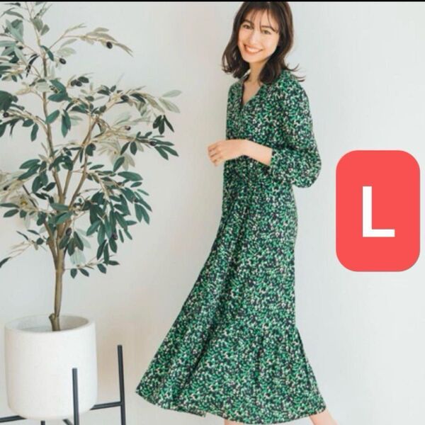 UNIQLO ユニクロ プリントVネックフレアワンピース ロングワンピース 花柄 ティアードワンピース マキシワンピース グリーン