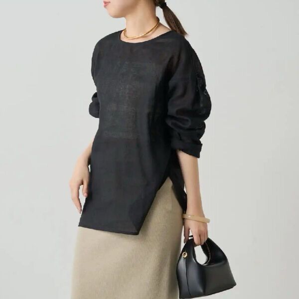 新品 メッシュリネンルーズプルオーバー ラウンジドレス リネンシャツ 黒 長袖 vネック 前後2way Loungedress