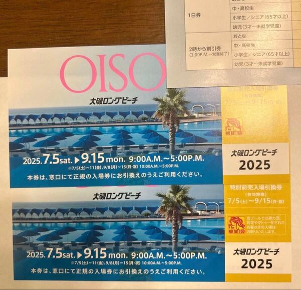 大磯ロングビーチ 特別前売入場引換券 2枚