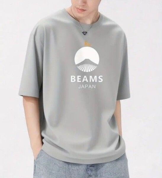 【新品】BEAMS ロゴ メンズ半袖T シャツ ライトグレー Mサイズ コットン100%