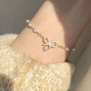 揺れる キラキラ 可愛い リボンバタフライパールゴールドストーン細身細めチェーンブレスレット 韓国 結婚式華奢ガーリー夏 リゾート