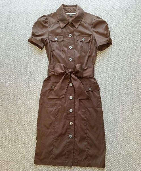 正規品 ダイアン・フォン・ファステンバーグ 上品 ワンピース リボン シャツワンピース ブラウン 4 M L アメリカ製 セレブ