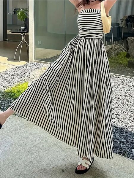 ストライプ フレアマキシドレス ビーチパーティー ロングドレス ビーチドレス ワンピース ロングワンピース