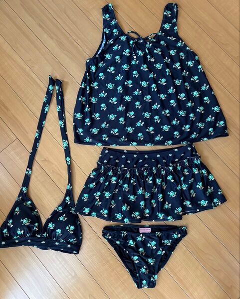 水着4点セット★ネイビー系花柄Mサイズ セパレート 水着 スイムウェア 上下セット