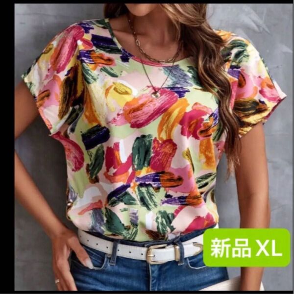 新品 レディース 半袖シャツ XL ゆったり 大きいサイズ 韓国風 薄手 ボタニカル 花柄 ピンク系
