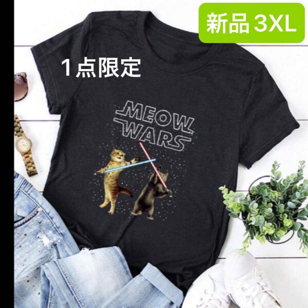 新品 レディース 半袖 Tシャツ ブラック 黒 ゆったり 大きいサイズ ネコ 猫 3XL 4L