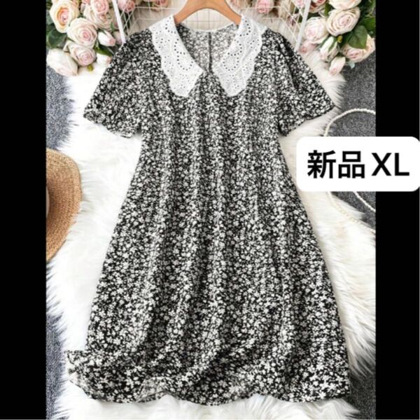 新品 レディース 半袖 膝丈ワンピース 薄手 ブラック XL LL 韓国風 ゆったり Vネック 小花柄 ボタニカル 襟レース