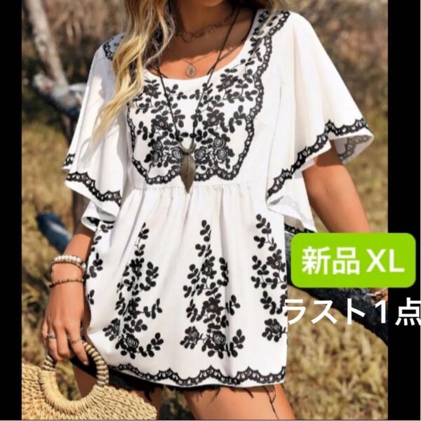 新品 レディース 半袖シャツ XL ゆったり 大きいサイズ 韓国風 薄手 ホワイト ボタニカル 花柄