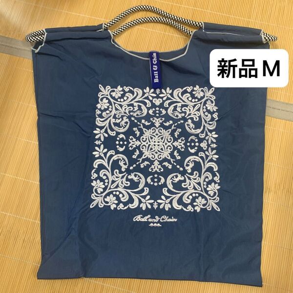 新品 レディース ボールアンドチェーン エコバッグ M 刺繍 花柄 ネイビー トートバッグ