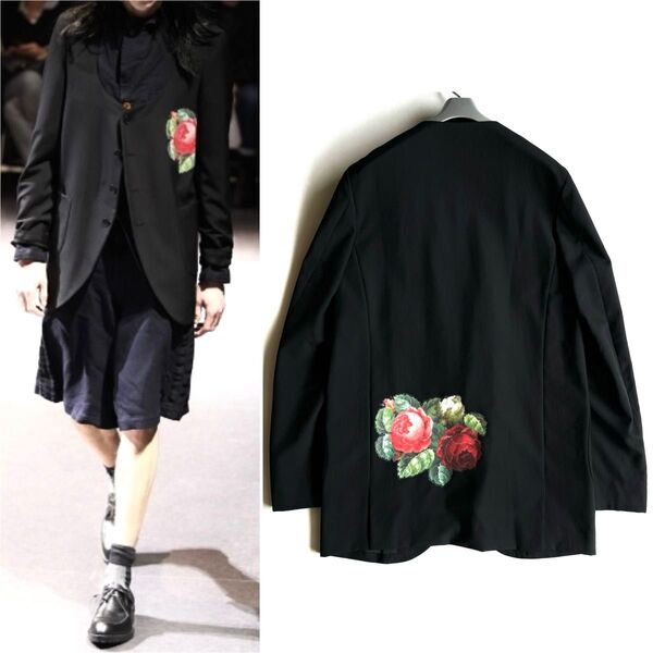 《美品》12aw COMME des GARCONS コムデギャルソン オム プリュス ノーカラージャケット 薔薇 ブラック S